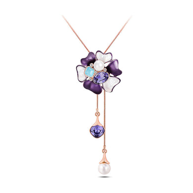 Elegant Flower Tassel Necklace with Purple Austrian Element Crystals