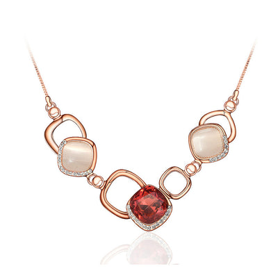 Simple Geometric Necklace with Rose Red Cubic Zircon and Fashion Cat's Eye