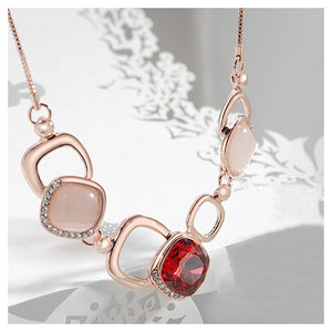 Simple Geometric Necklace with Rose Red Cubic Zircon and Fashion Cat's Eye