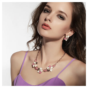 Elegant Plated Rose Gold Flower Necklace with White Austrian Element Crystals