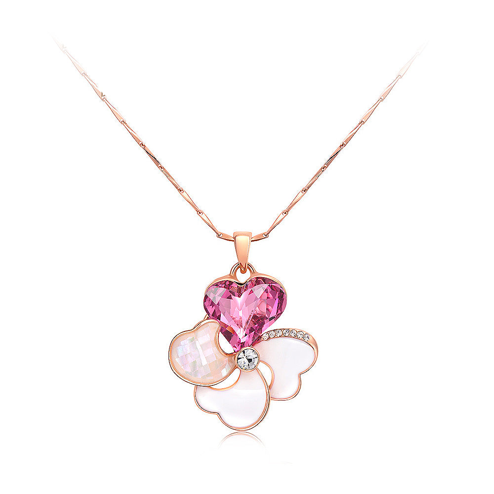 Sweet Flower Pendant with Rose Red Cubic Zircon and Necklace