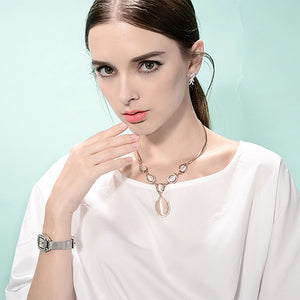 Fashion Oval Necklace with Fashion Cat's Eye and White Austrian Element Crystals