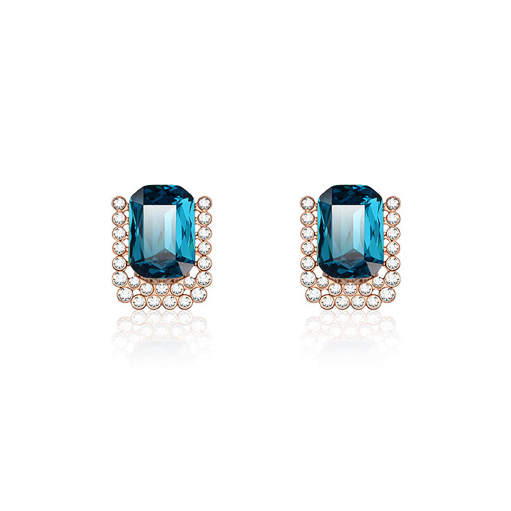 Sparkling Plated Rose Golden Stud Earrings with Blue Cubic Zircon and White Austrian Element Crystals