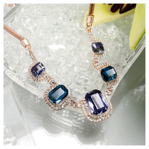Sparkling Plated Rose Golden Necklace with Blue Cubic Zircon and White Austrian Element Crystals