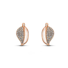 Load image into Gallery viewer, Simple Plated Rose Golden Leaf Stud Earrings with White Austrian Element Crystals