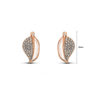 Simple Plated Rose Golden Leaf Stud Earrings with White Austrian Element Crystals