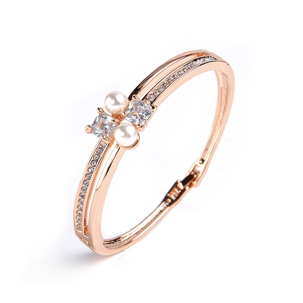 Simple Plated Rose Gold Bangle with White Austrian Element Crystals