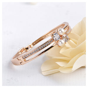 Simple Plated Rose Gold Bangle with White Austrian Element Crystals