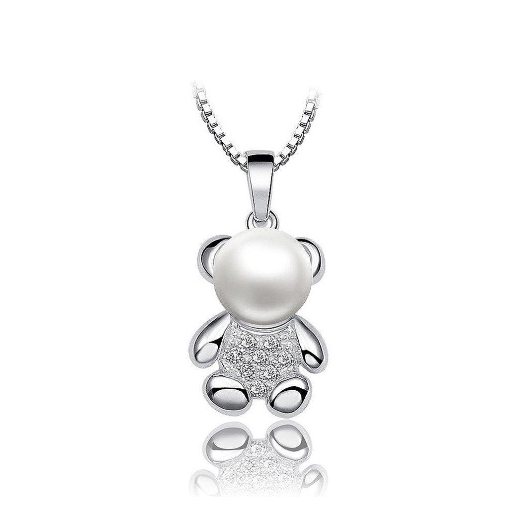 925 Sterling Silver Bear Pendant with  Freshwater Cultured Pearl and Necklace - Glamorousky