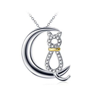 925 Sterling Silver Cat Pendant with Austrian Element Crystal and Necklace - Glamorousky