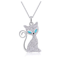 Load image into Gallery viewer, Cute Cat Pendant with Blue and White Austrian Element Crystal and Necklace
