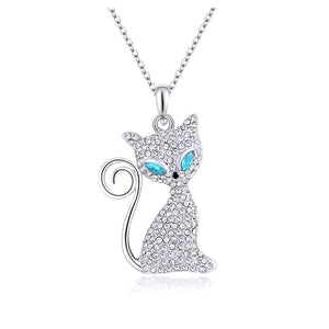 Cute Cat Pendant with Blue and White Austrian Element Crystal and Necklace