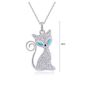 Cute Cat Pendant with Blue and White Austrian Element Crystal and Necklace