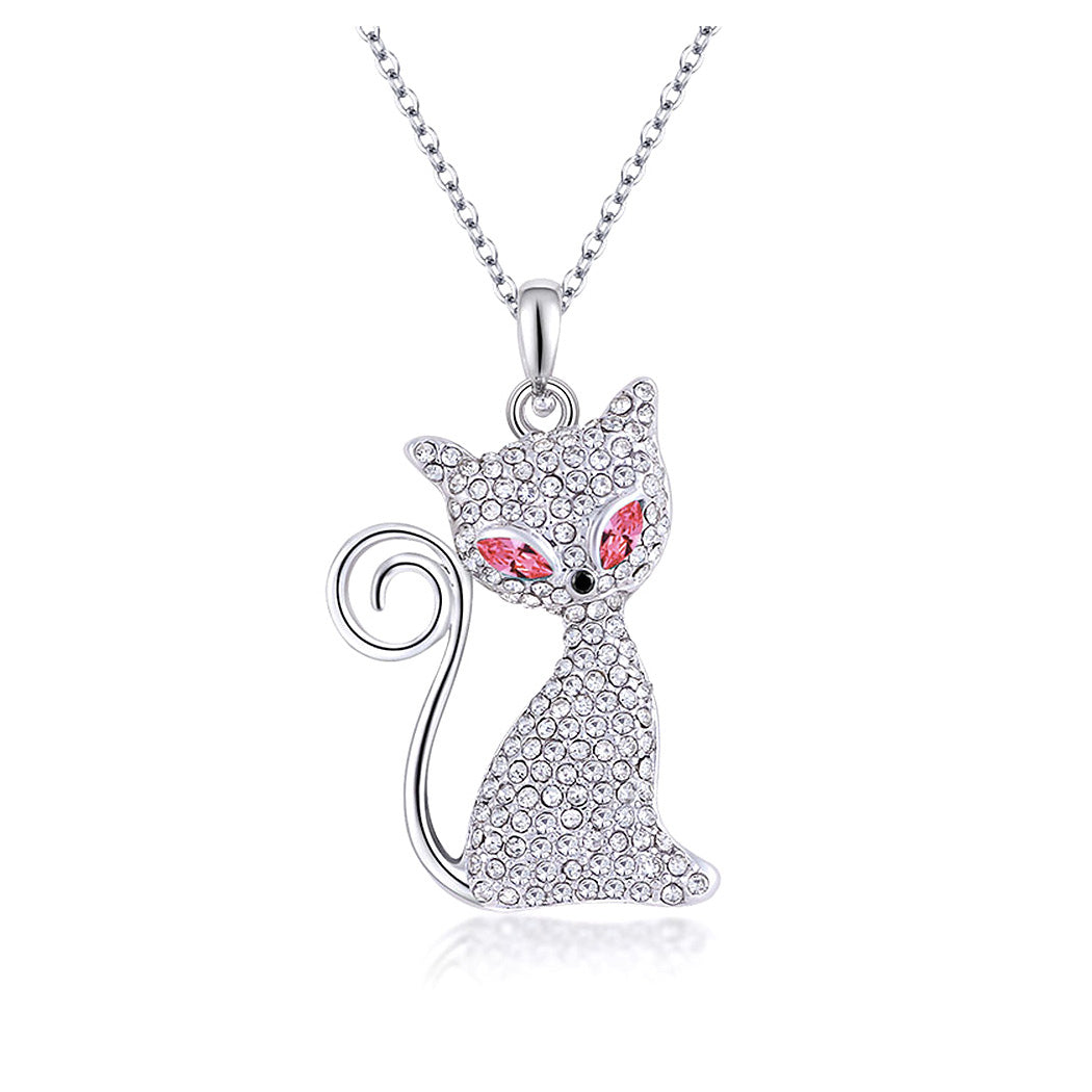 Cute Cat Pendant with Rose Red and White Austrian Element Crystal and Necklace