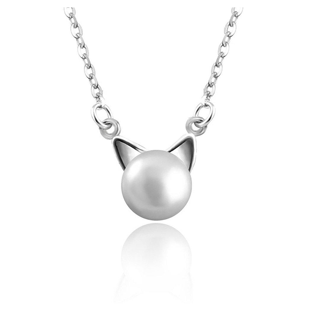 925 Sterling Silver Cat Necklace with White Freshwater Cultured Pearls - Glamorousky