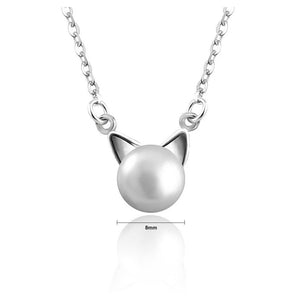 925 Sterling Silver Cat Necklace with White Freshwater Cultured Pearls - Glamorousky