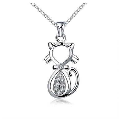 Fashion Cat Pendant with White Austrian Element Crystal and Necklace