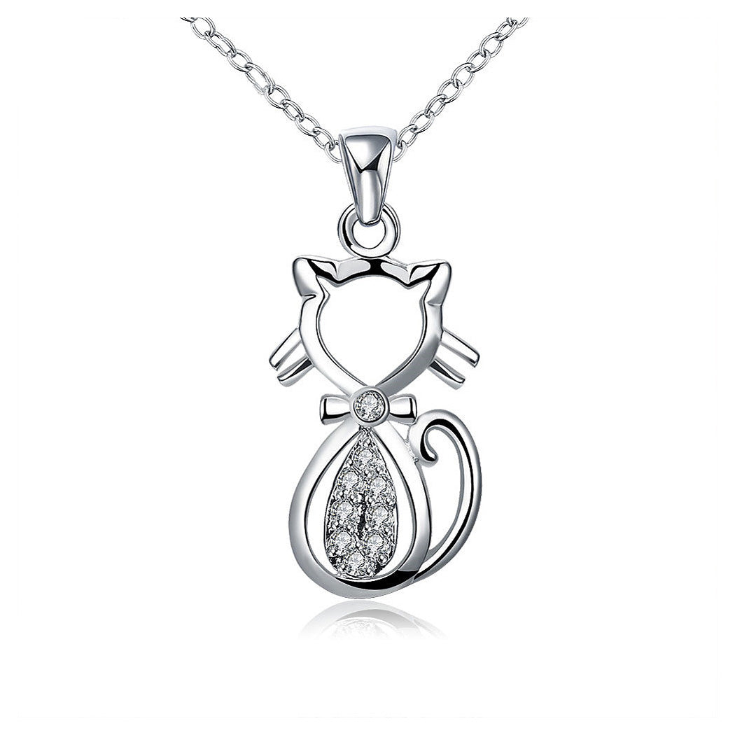 Fashion Cat Pendant with White Austrian Element Crystal and Necklace