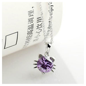 Cute Cat Pendant with Purple Austrian Element Crystal and Necklace