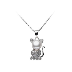 925 Sterling Silver Cat Pendant with Freshwater Cultured Pearl and Necklace - Glamorousky