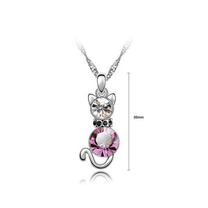 Cute Cat Pendant with Pink Austrian Element Crystal and Necklace