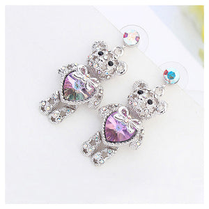 Cute Bear Earrings with Purple Austrian Element Crystal