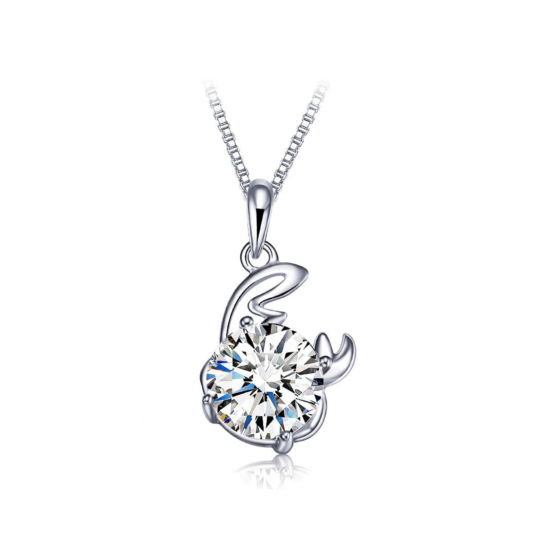 925 Sterling Silver Twelve Horoscope Cancer Pendant with White Cubic Zircon and Necklace