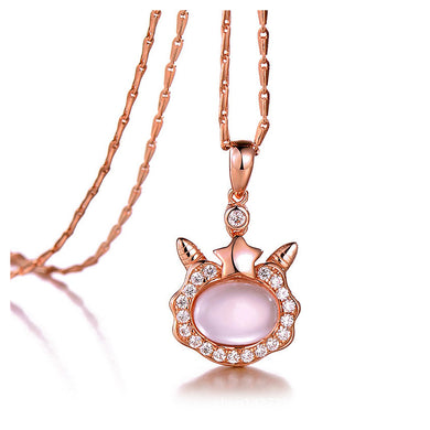 Plated Rose Gold Twelve Horoscope Aries Pendant with White Cubic Zircon and Necklace