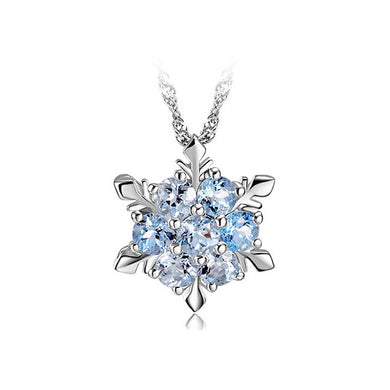 925 Sterling Silver Snowflake Pendant with Blue Austrian Element Crystal and Necklace