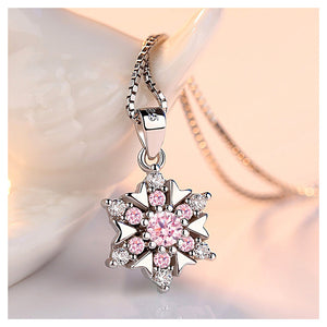 925 Sterling Silver Snowflake Pendant with Pink Austrian Element Crystal and Necklace