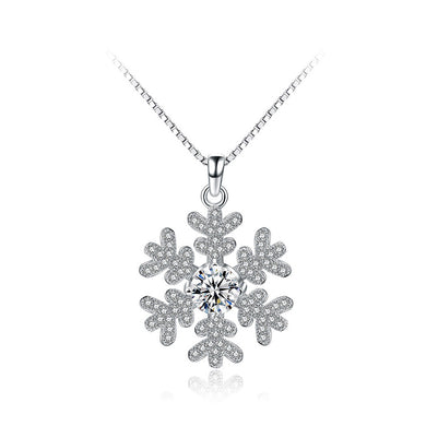 925 Sterling Silver Snowflake Pendant with White Cubic Zircon and Necklace