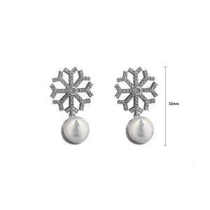925 Sterling Silver Snowflake Earrings with White Fashion Pearl