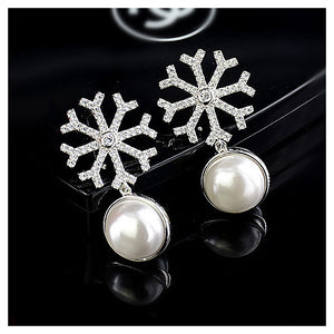 925 Sterling Silver Snowflake Earrings with White Fashion Pearl