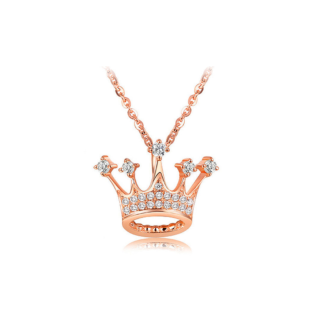 Fashion Plated Rose Gold Crown Pendant with White Austrian Element Crystal and Necklace