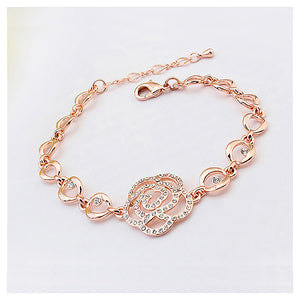 Beautiful Plated Rose Gold Flower Bracelet with White Austrian Element Crystal