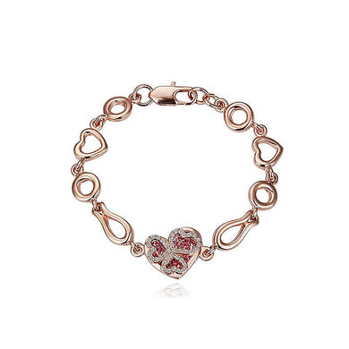 Plated Rose Gold Heart Bracelet with Red Austrian Element Crystal