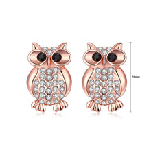 Load image into Gallery viewer, Plated Rose Gold Owl Stud Earrings with White Austrian Element Crystal