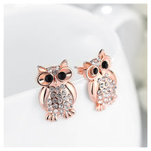 Load image into Gallery viewer, Plated Rose Gold Owl Stud Earrings with White Austrian Element Crystal