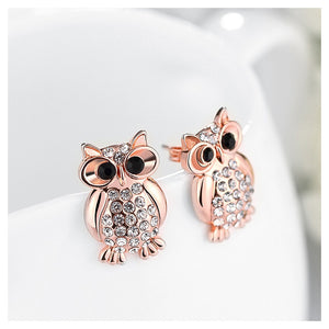 Plated Rose Gold Owl Stud Earrings with White Austrian Element Crystal