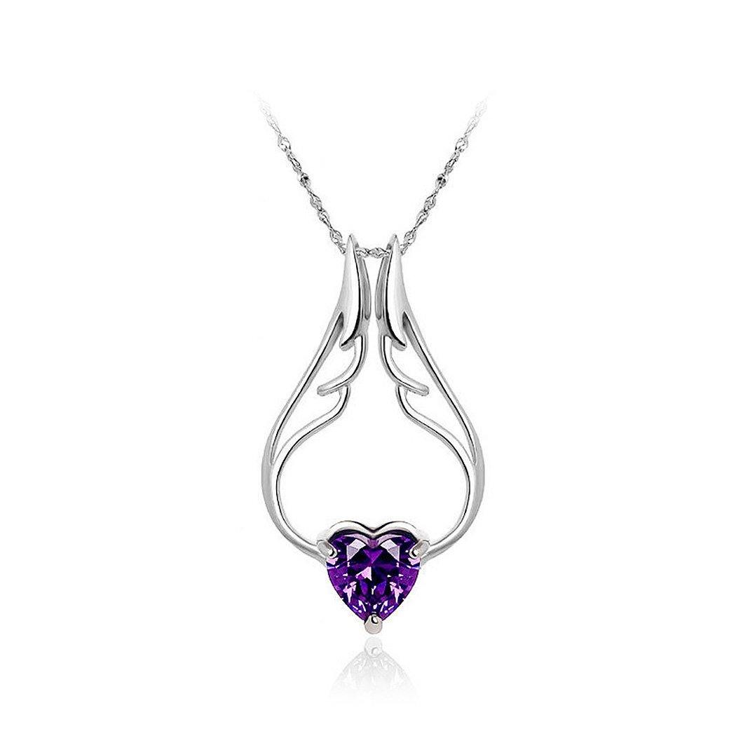 925 Sterling Silver Angel Wing Pendant with Purple Austrian Element Crystal and Necklace - Glamorousky