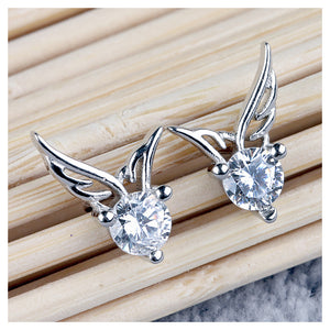 Simple Angel Wing Stud Earrings with White Austrian Element Crystal
