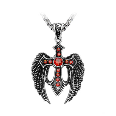 Fashion Cross Stainless Steel Pendant with Red Cubic Zircon and Necklace