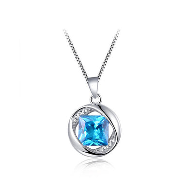 925 Sterling Silver March Birthday Stone Pendant with Blue Cubic Zircon and Necklace