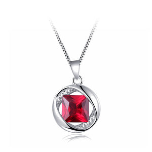 925 Sterling Silver July Birthday Stone Pendant with Red Cubic Zircon and Necklace