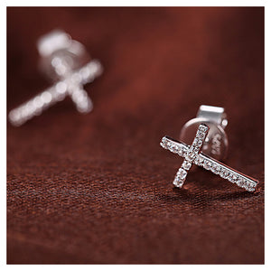 Sparkling Cross Stud Earrings with White Austrian Element Crystal