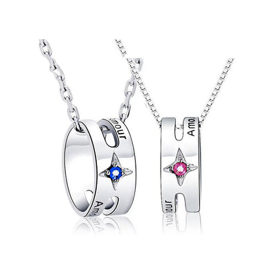 925 Sterling Silver Ring Couple Pendant with Necklace