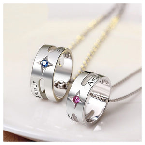 925 Sterling Silver Ring Couple Pendant with Necklace