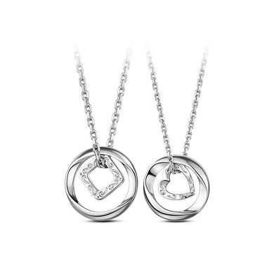 925 Sterling Silver Square Heart-shaped Couple Pendant with  Necklace