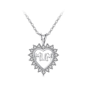 Simple Mothers Heart Pendant with White Austrian Element Crystal and Necklace