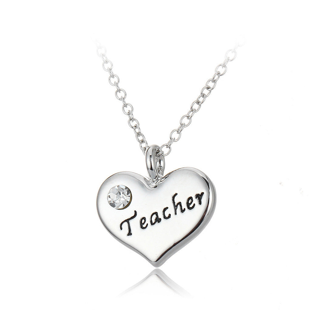 Simple Teacher Heart Pendant with Austrian Element Crystal and Necklace